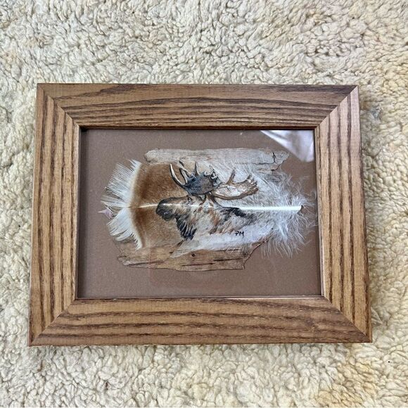 Pat Morris Hand Painted Moose Elk on Feather Birch Framed Art Home Decor Cabin - Picture 1 of 4